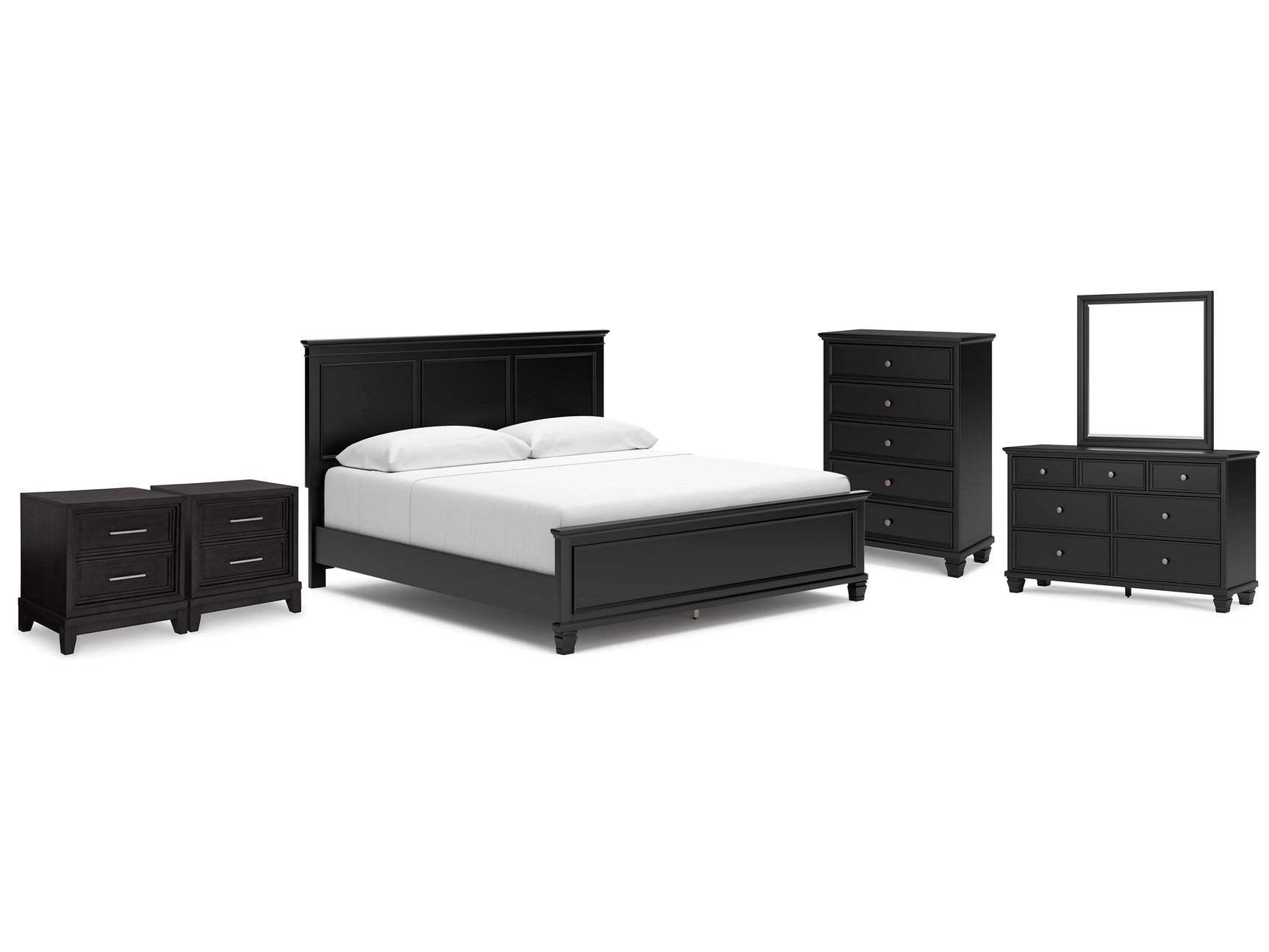 Lanolee Black King Panel Bedroom Set with Dresser, Mirror, Chest and 2 Nightstands - Ornate Home