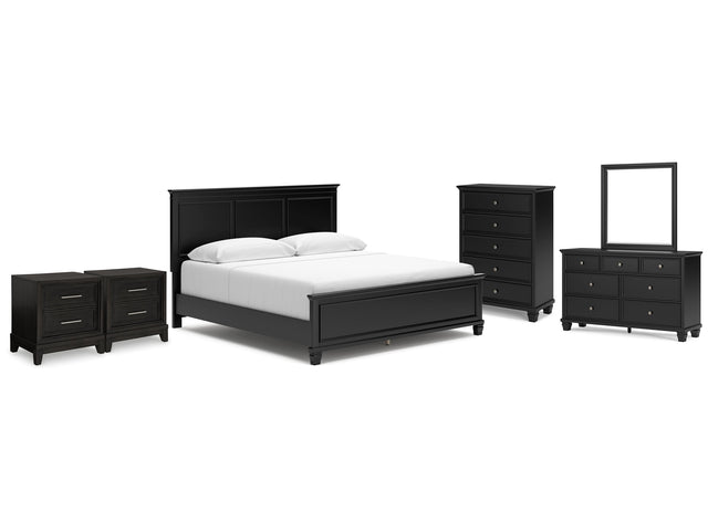 Lanolee Black King Panel Bedroom Set with Dresser, Mirror, Chest and 2 Nightstands - Ornate Home
