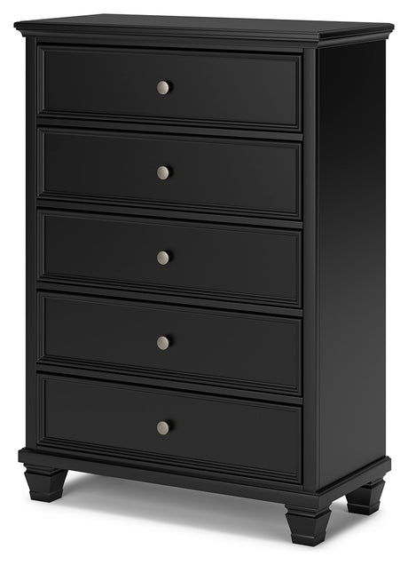 Lanolee Black King Panel Bedroom Set with Dresser, Mirror, Chest and 2 Nightstands - Ornate Home