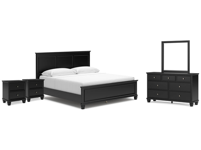 Lanolee Black King Panel Bedroom Set with Dresser, Mirror and 2 Nightstands - Ornate Home
