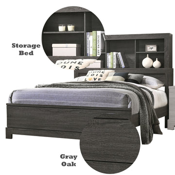 Lantha Gray Oak Queen Panel Bed w/ Bookcase HB - Ornate Home
