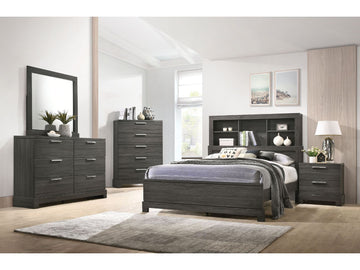 Lantha Gray Oak Queen Panel Bed w/ Bookcase HB - Ornate Home