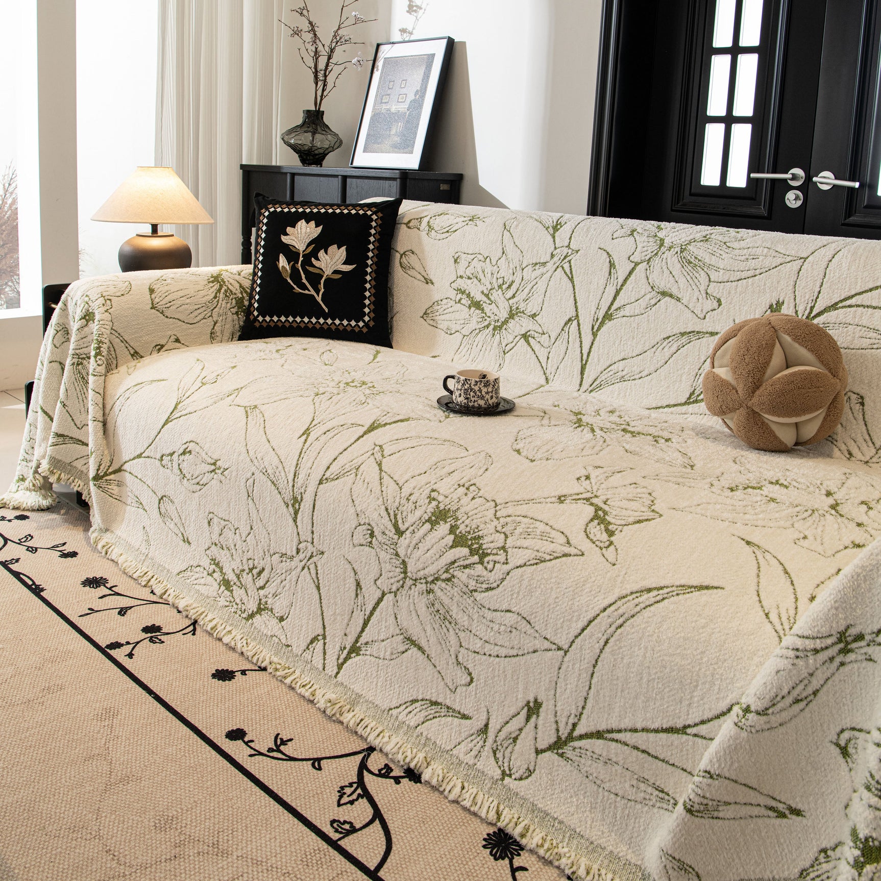 Large Floral Sofa Cover Throw Blanket, Plush Jacquard Non-Shedding Couch Cover for Pets - Ornate Home
