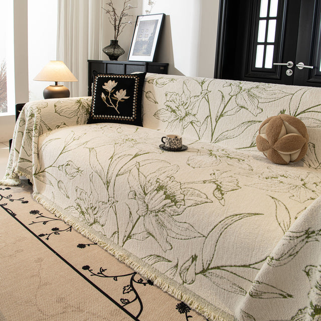 Large Floral Sofa Cover Throw Blanket, Plush Jacquard Non-Shedding Couch Cover for Pets - Ornate Home
