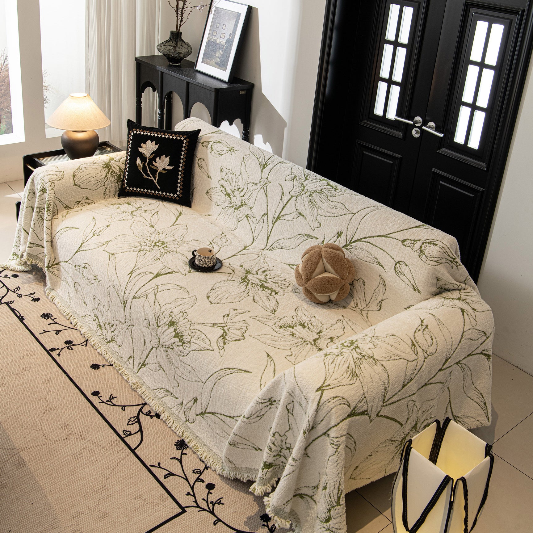 Large Floral Sofa Cover Throw Blanket, Plush Jacquard Non-Shedding Couch Cover for Pets - Ornate Home