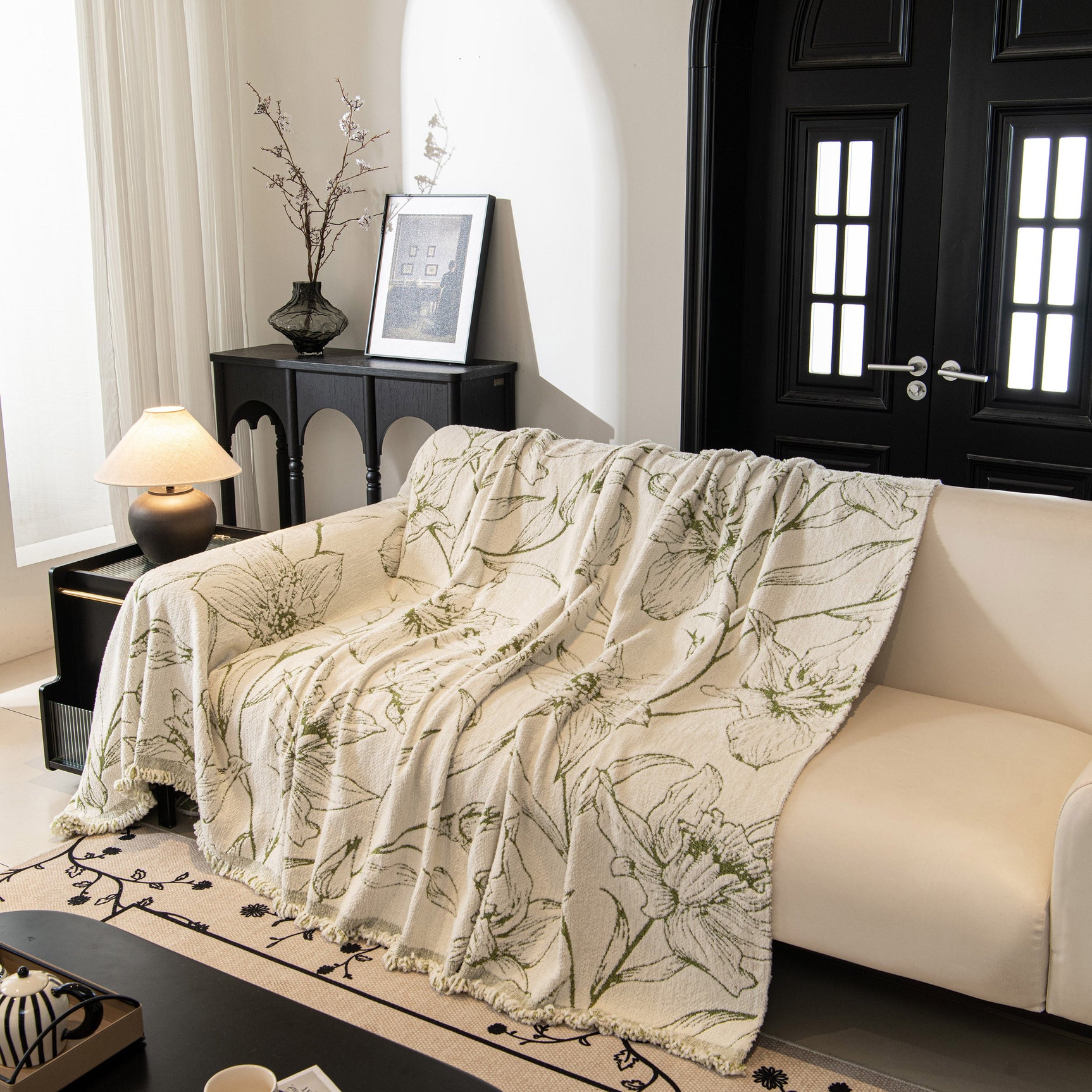 Large Floral Sofa Cover Throw Blanket, Plush Jacquard Non-Shedding Couch Cover for Pets - Ornate Home