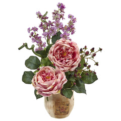 Large Rose and Dancing Daisy in Wooden Pot - Ornate Home