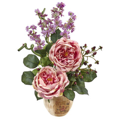 Large Rose and Dancing Daisy in Wooden Pot - Ornate Home