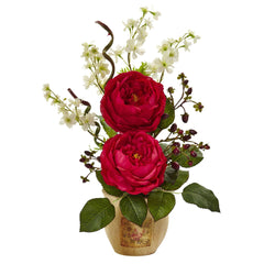 Large Rose and Dancing Daisy in Wooden Pot - Ornate Home