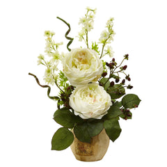 Large Rose and Dancing Daisy in Wooden Pot - Ornate Home