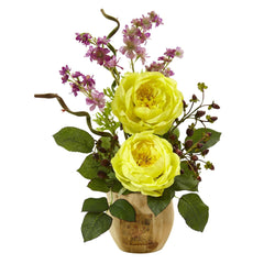 Large Rose and Dancing Daisy in Wooden Pot - Ornate Home