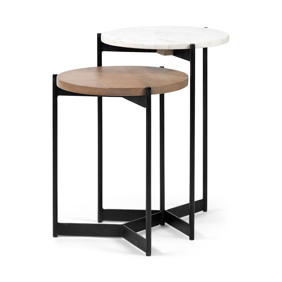 Larkin Medium Brown Marble and Wood Round Tabletop Nesting End/Side Tables - Ornate Home