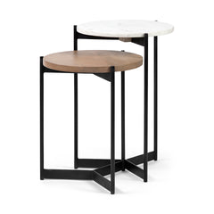 Larkin Medium Brown Marble and Wood Round Tabletop Nesting End/Side Tables