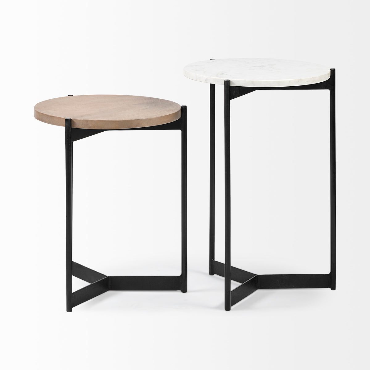 Larkin Medium Brown Marble and Wood Round Tabletop Nesting End/Side Tables - Ornate Home