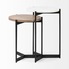 Larkin Medium Brown Marble and Wood Round Tabletop Nesting End/Side Tables