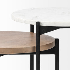 Larkin Medium Brown Marble and Wood Round Tabletop Nesting End/Side Tables