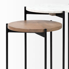 Larkin Medium Brown Marble and Wood Round Tabletop Nesting End/Side Tables