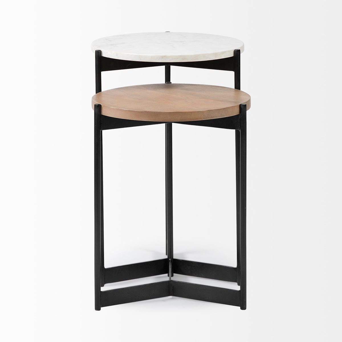 Larkin Medium Brown Marble and Wood Round Tabletop Nesting End/Side Tables - Ornate Home