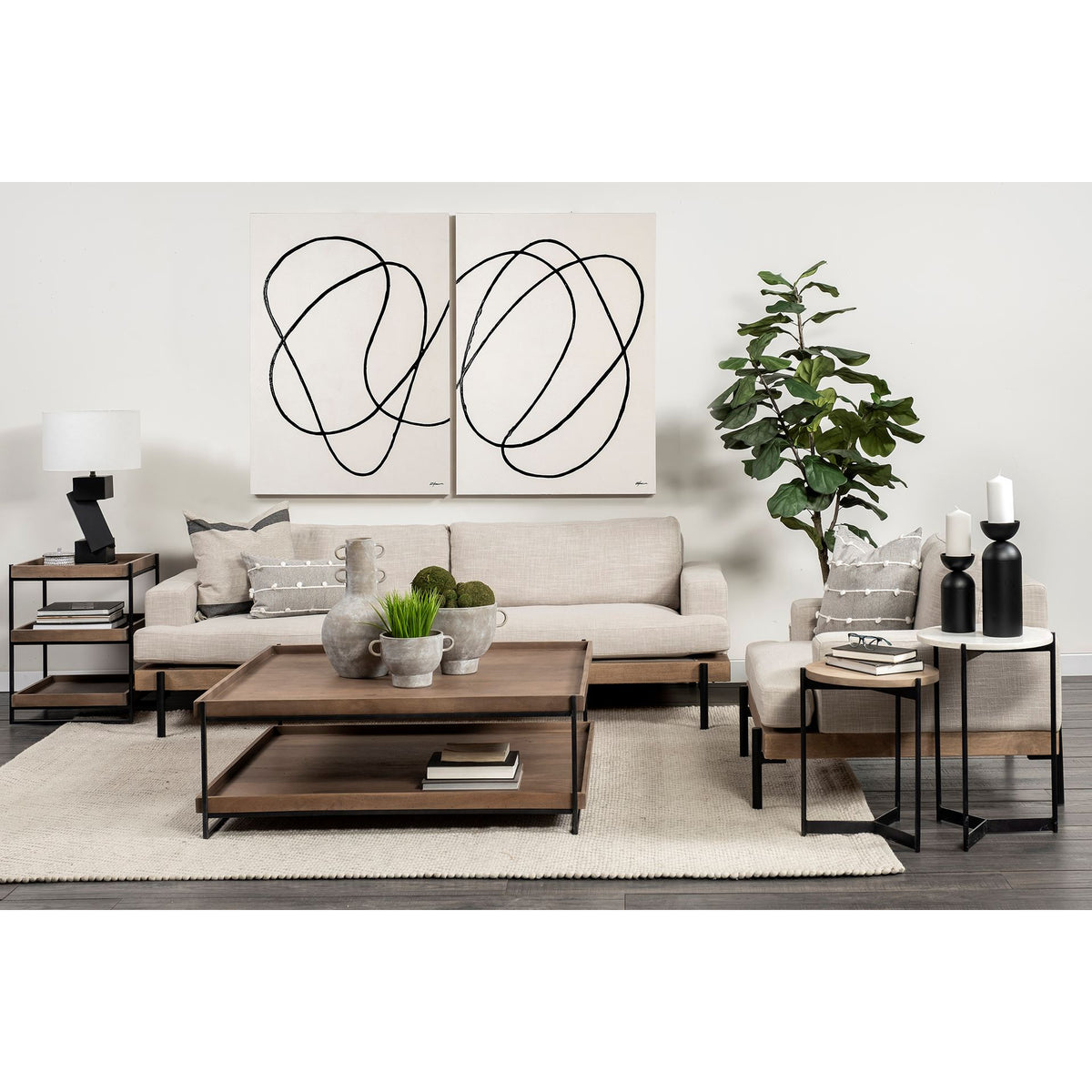 Larkin Medium Brown Marble and Wood Round Tabletop Nesting End/Side Tables - Ornate Home