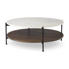 Larkin White/Black 42" Round Two-Tier Marble Top and Solid Wood Shelf Coffee Table - Ornate Home
