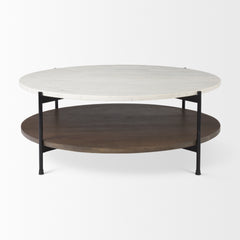 Larkin White/Black 42" Round Two-Tier Marble Top and Solid Wood Shelf Coffee Table - Ornate Home