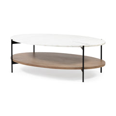 Larkin White/Black 48" Oval Marble Top and Solid Wood Shelf Coffee Table - Ornate Home