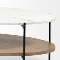 Larkin White/Black 48" Oval Marble Top and Solid Wood Shelf Coffee Table - Ornate Home