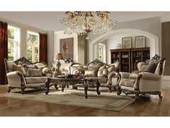 Latisha Tan, Pattern Fabric & Antique Oak Sofa w/6 Pillows - Ornate Home