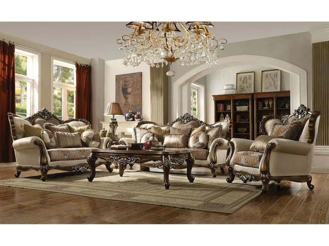 Latisha Tan, Pattern Fabric & Antique Oak Sofa w/8 Pillows - Ornate Home