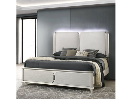 Laveda Light Gray Boucle & Pearl White Eastern King Bed W/Led - Ornate Home