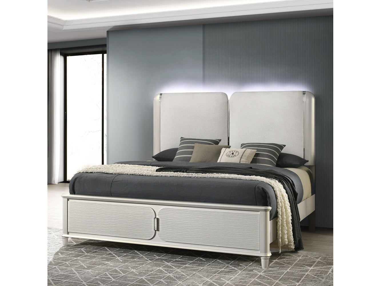 Laveda Light Gray/Pearl White Queen Bed w/LED - Ornate Home