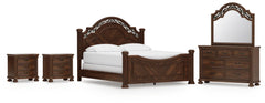 Lavinton Brown California King Poster Bed, Dresser, Mirror and 2 Nightstands - Ornate Home
