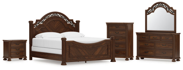 Lavinton Brown King Poster Bed, Dresser, Mirror, Chest and Nightstand - Ornate Home