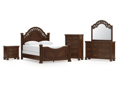 Lavinton Brown Queen Poster Bed, Dresser, Mirror, Chest and Nightstand - Ornate Home