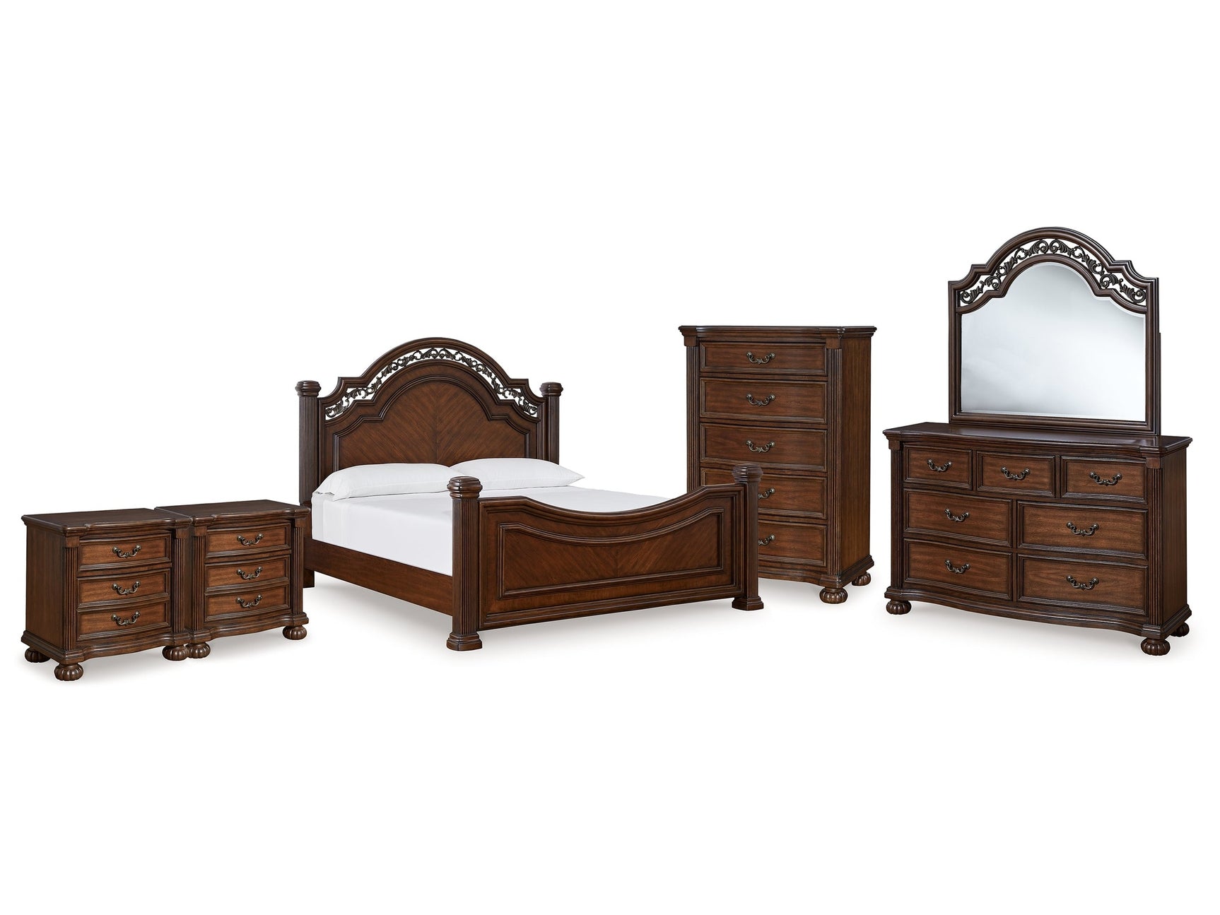 Lavinton Brown Queen Poster Bedroom Set with Dresser, Mirror, Chest and 2 Nightstands - Ornate Home