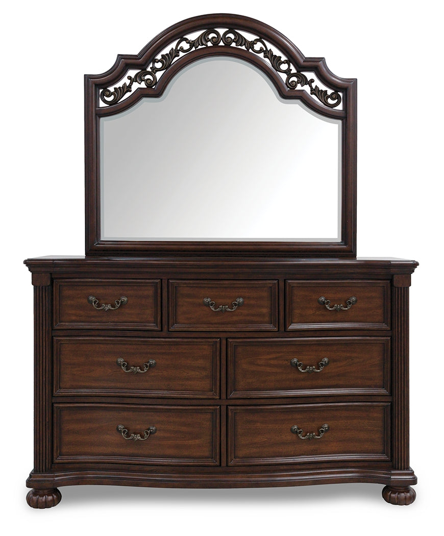 Lavinton Brown Queen Poster Bedroom Set with Dresser, Mirror, Chest and 2 Nightstands - Ornate Home