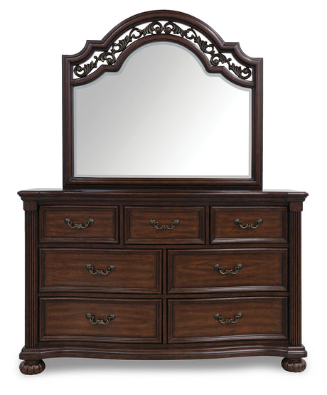 Lavinton Brown Queen Poster Bedroom Set with Dresser, Mirror, Chest and 2 Nightstands - Ornate Home