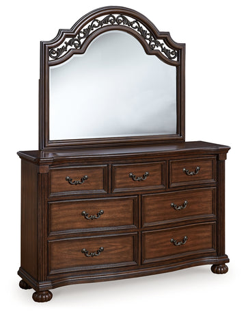 Lavinton Brown Queen Poster Bedroom Set with Dresser, Mirror, Chest and 2 Nightstands - Ornate Home