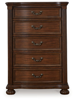 Lavinton Brown Queen Poster Bedroom Set with Dresser, Mirror, Chest and 2 Nightstands - Ornate Home