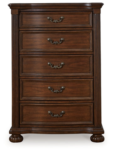 Lavinton Brown Queen Poster Bedroom Set with Dresser, Mirror, Chest and 2 Nightstands - Ornate Home