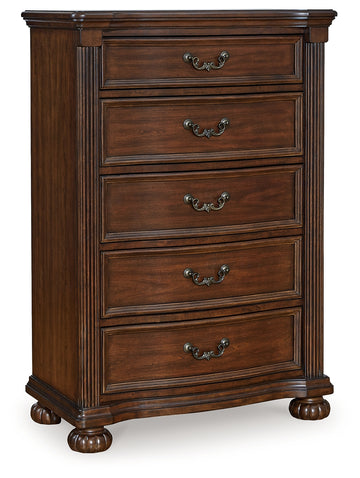 Lavinton Brown Queen Poster Bedroom Set with Dresser, Mirror, Chest and 2 Nightstands - Ornate Home