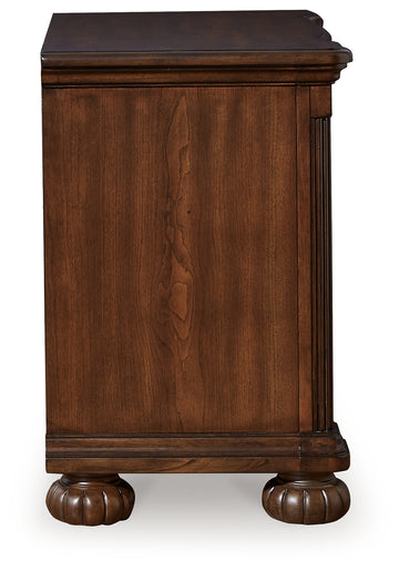 Lavinton Brown Queen Poster Bedroom Set with Dresser, Mirror, Chest and 2 Nightstands - Ornate Home