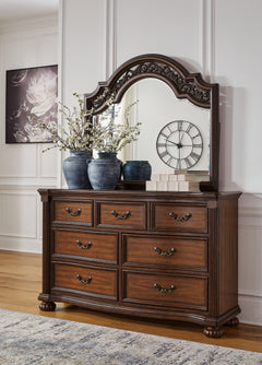Lavinton Brown Queen Poster Bedroom Set with Dresser, Mirror, Chest and 2 Nightstands - Ornate Home