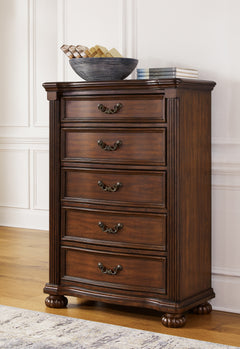 Lavinton Brown Queen Poster Bedroom Set with Dresser, Mirror, Chest and 2 Nightstands - Ornate Home