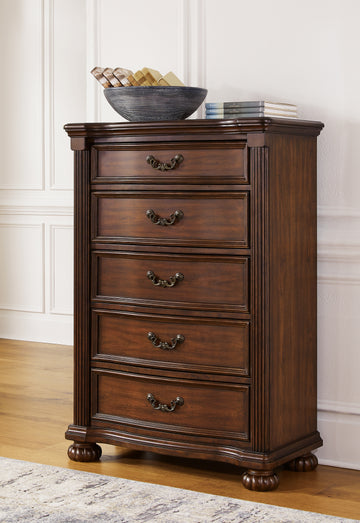 Lavinton Brown Queen Poster Bedroom Set with Dresser, Mirror, Chest and 2 Nightstands - Ornate Home