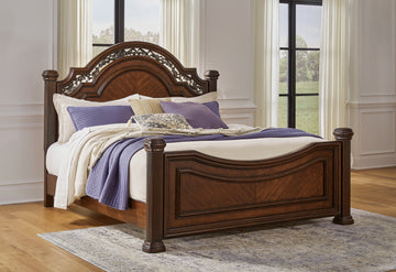 Lavinton Brown Queen Poster Bedroom Set with Dresser, Mirror, Chest and 2 Nightstands - Ornate Home