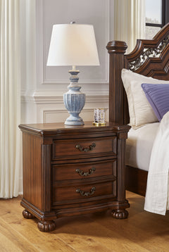 Lavinton Brown Queen Poster Bedroom Set with Dresser, Mirror, Chest and 2 Nightstands - Ornate Home