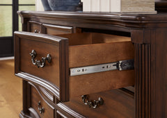 Lavinton Brown Queen Poster Bedroom Set with Dresser, Mirror, Chest and 2 Nightstands - Ornate Home