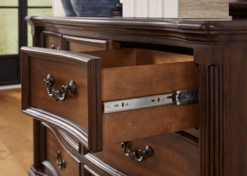 Lavinton Brown Queen Poster Bedroom Set with Dresser, Mirror, Chest and 2 Nightstands - Ornate Home