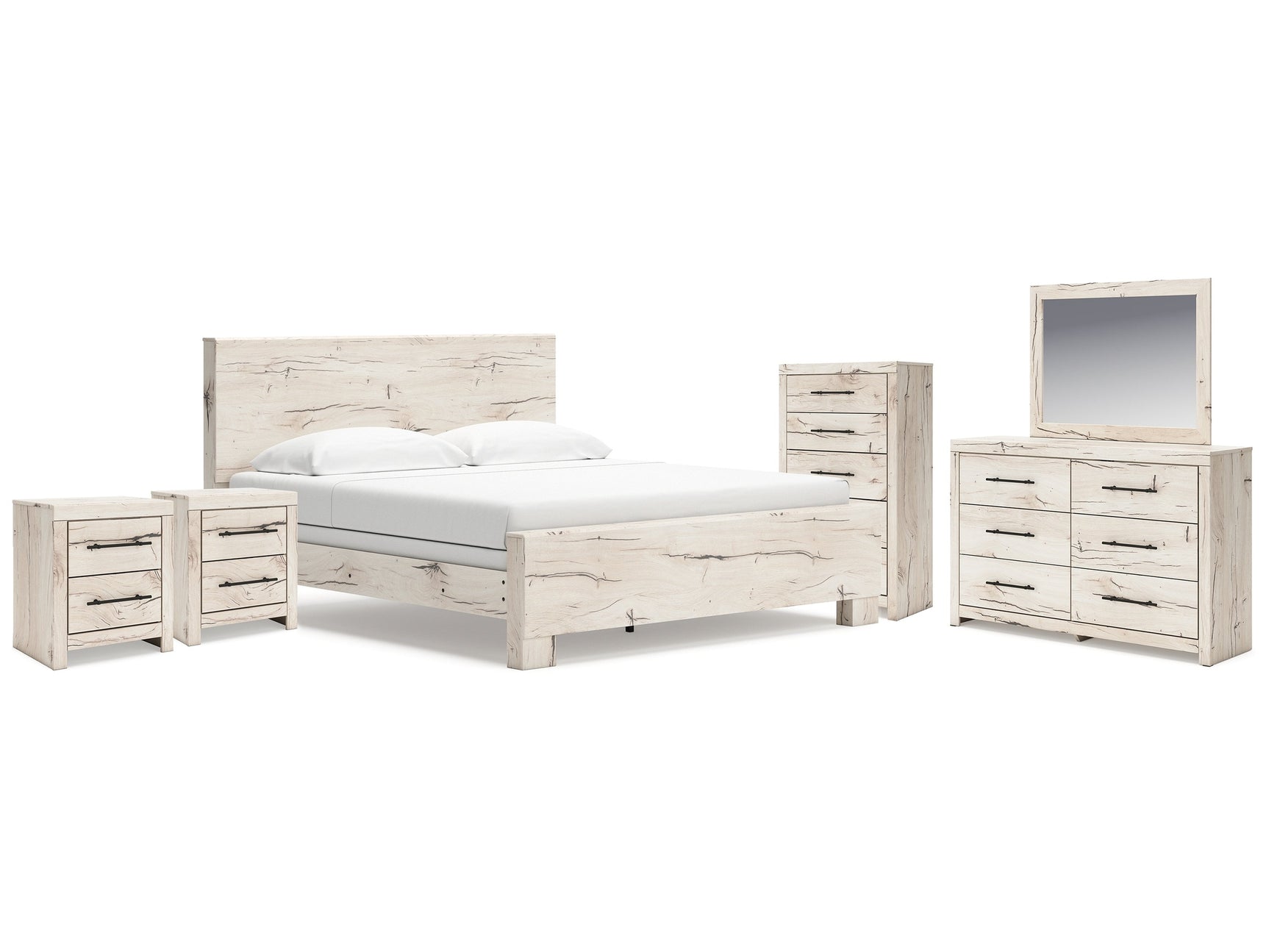 Lawroy Light Natural King Panel Bedroom Set with Dresser, Mirror, Chest and Nightstand - Ornate Home